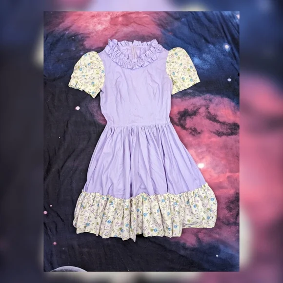 Vintage Handmade Purple Floral Ruffle Neck Short Sleeve Dress - Picture 1 of 7